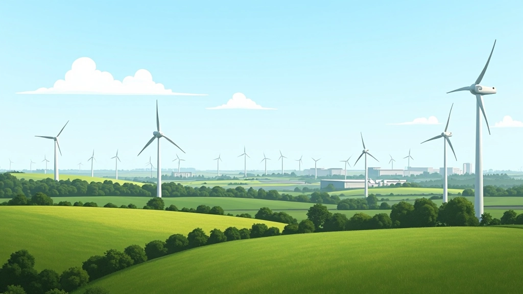 Zukunftsausblick mit Windkraftanlagen und modernen grünen Energieinfrastrukturen in einer prosperierenden Industrielandschaft