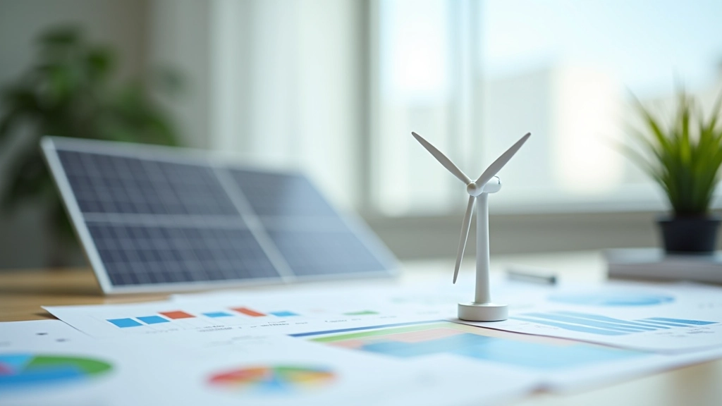 Solarmodule und Windkraftanlage mit Dokumenten und Grafiken, erneuerbare Energien und Regulierung